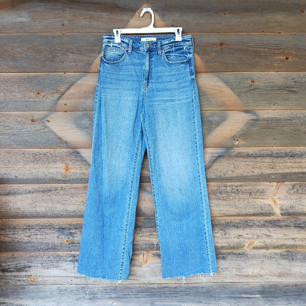 Willow + Root  Womens 28 Blue The Wide Leg Raw Hem High Rise Jeans